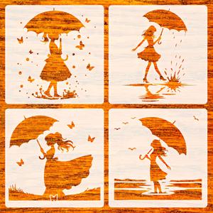 TEMU 4개 세트 매력적인 우산과 나비 소녀 스텐실 - 15.2cm 재사용 가능한 페인팅 템플릿, 벽, 캔버스, 천에 적합 - DIY 홈 아트 프로젝트를 위한 창의적인 오렌지색과 파란색 디자인, 공예 스텐실, 창의적 공예, 기발한 디자인, 내구성 있는 스텐실, 창의적인 프로젝트, 고품질 스텐실, 공예 애호가용