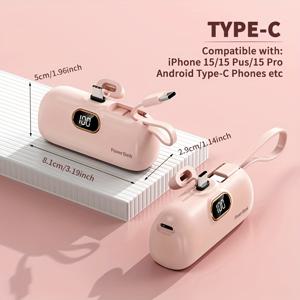 TEMU 5000mAh 미니 캡슐 파워뱅크 (Type-C: 1입력, 1출력 포트, 내장 Type-C 케이블(랜야드 겸용), 전원 표시기), 초소형, 일상 출퇴근 및 야외 여행에 최적. Type-C 기기용 설계: iOS, Android 등|보조배터리