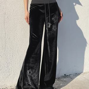 TEMU 여성용 Y2K 레트로 플레어 팬츠 - 블랙 드로스트링 허리, 파티 및 일상·정장용 사계절 트라우저 - 비침 방지 원단, 쉬운 관리 패션 바텀, 라인스톤 장식, 캐주얼 웨어, 편안한 핏, 스타일리시 하의
