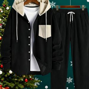 TEMU Pearson OBM 봄/가을 남성 캐주얼 패션 소프트 코듀로이 세트. 편안하고 심플한 후드 코듀로이 재킷이 특징이며, 일상복 및 스타일리시한 캐주얼 의상에 다용도로 활용 가능합니다.