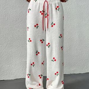 TEMU 여성용 체리 프린트 잠옷 팬츠 - 파자마 상하의 호환, 중간 신축성 과일 패턴 나이트가운, 사계절 편안한 홈웨어 (논-)