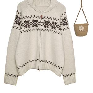 TEMU 여성용 아카데믹 스타일 가을/겨울 신상 자카드 더블 지퍼 스웨터 가디건, 루즈 레이지 턴칼라 아우터웨어 탑