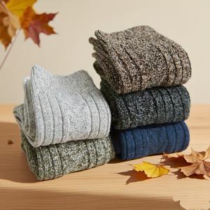 TEMU 남성용 가을/겨울 두꺼운 울 양말 5켤레 세트, 더블니들 케이블 니트 엑스트라 롱 두꺼운 보온 중목 양말