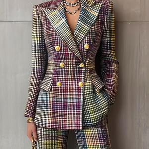 TEMU 도시적 우아함 비즈니스 오피스 디지털 프린트 컬러 그라데이션 체크 라펠 롱 슬리브 더블 브레스티드 블레이저와 캐주얼 레그 팬츠, 파티, 데이트, 비즈니스 오피스 및 다양한 중요한 행사에 적합