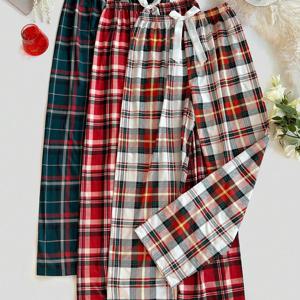 TEMU 여성용 3피스 벨트 체크 무늬 프린트 잠옷 바지, 편안한 원단과 넉넉한 핏으로 매일 함께, 정교한 체크 무늬 프린트가 장식되어, 탄성 허리 밴드 롱 팬츠, 편안하고 넉넉한 잠옷 홈웨어 세트|잠옷