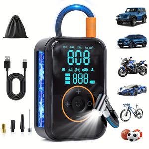 TEMU 휴대용 무선 타이어 공기 주입기 - 디지털 압력 게이지, 비상 LED 라이트, 3배 더 빠른 공기 주입 무선 디자인 | 내장형 충전식 리튬 배터리 | 타이어 펌프, 효율적인 모터, 견고한 스트랩이 장착된 고출력 에어 컴프레서