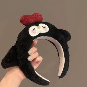 TEMU 귀여운 블랙 펭귄 플러시 헤어밴드 - 여성용 소프트 핑크 & 화이트 하트 귀, 발바닥 & 플러피 폼폼 헤어, 겨울 수면 마스크 액세서리, 할로윈 & 크리스마스용 (깃털 없음)