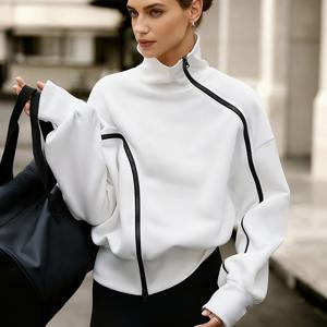 TEMU 여성용 패션 컬러 블록 지퍼업 하이넥 스웨트셔츠, 신상 가을 의류