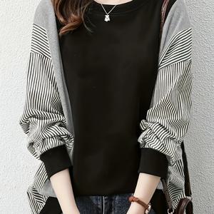 TEMU 플러스 사이즈, 라운드넥 대조 루즈핏 긴팔 스웨트셔츠--새로운 스타일