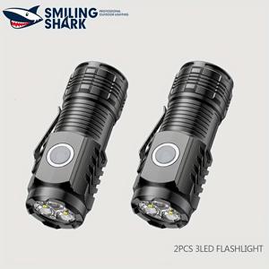 TEMU 2개 세트 SMILING SHARK LED*3 손전등 SD1033, 초고휘도 5가지 모드 백색 조명, 미니 손전등 휴대용 플래시라이트, Type-C 충전식, 메탈 클립, 포켓 사이즈, 야간 캠핑 & 하이킹 장비, 가정용, 세련된 디자인, 하이킹 장비,야외 조명,경량 토치,휴대용 조명,멀티모드 라이트,포켓 플래시라이트,야외 활동 애호가,가정용 사용자