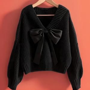 TEMU 여성용 우아한 V넥 리본 장식 스웨터 - 겨울용 따뜻한 루즈핏 고탄력 블라우스, 솔리드 블랙 가을/겨울 웨딩 크리스마스 파티 의상 (스페셜 라인 컬렉션)