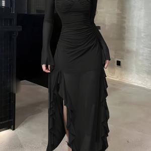 TEMU 여성용 우아한 시어 메쉬 러플 긴팔 맥시 드레스 | 요정 스타일, 스위트하트 칼라, 단색, 롱 기장, 하이 슬릿, 가을/크리스마스/콘서트/결혼식 손님/클럽 외출에 적합, 섹시 캐주얼 의상