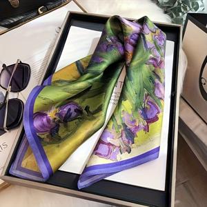 TEMU 여성용 우아한 보라색 & 노란색 플로럴 프린트 스퀘어 스카프 - 27.5