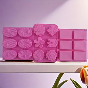 TEMU 비누 만들기용 실리콘 몰드 3종 세트 (6구 직사각형, 6구 꿀벌 모양 타원형, 6구 꽃 모양 몰드 포함) - 홈메이드 비누 제작용