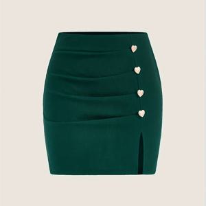 TEMU 버튼 장식 앞단 슬릿 밑단 스커트, 펜슬 스커트, 하프 기장 스커트