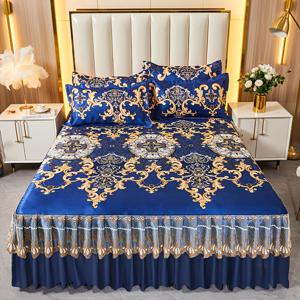 TEMU 3pcs 레이스 침대 스커트 스타일 쿨링 매트 세트 (침대 스커트 1개 및 베갯잇 2개 포함, 베개솜 미포함), 고급스러운 빈티지 유럽 스타일 프린트 미끄럼 방지 침구 매트리스 보호 세트, 부드럽고 피부 친화적인 편안한 접이식 레이스 E|접이식침대