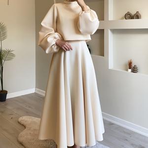 TEMU 단색 컬러 우아한 스커트 세트, 크루넥 랜턴 슬리브 상의 & 플리츠 드레이프 미디 스커트, 여성 의류