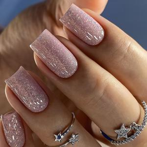 TEMU 24개입 미디엄 스퀘어 프레스온 네일 - 반짝이는 핑크 글리터 & 스팽글 디자인, 파티·웨딩·특별한 날을 위한 재사용 가능한 장식 네일, 긴 지속성, 뷰티 애호가를 위한 랩스톤 액세서리