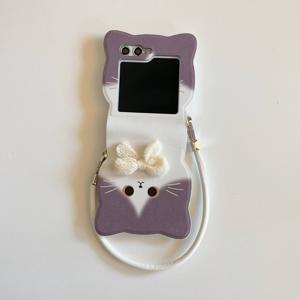 TEMU 삼성 갤럭시 폴더 6 및 폴더 5에 적합한 끈이 달린 삼성 슈퍼 큐트 나비 넥타이 고양이 케이스. 휴대가 편리한 착용감, 가볍고 고품질, 휴대가 간편하고, 실용적이며, 스타일리시한 폴딩 플립 폰 케이스.