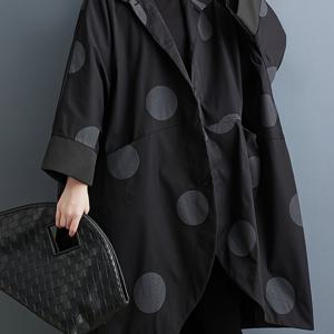 TEMU 여성용 봄/가을 신상품 루즈핏 유럽/미국 빈티지 스타일 스탠드 칼라 박쥐 날개 폴카 도트 프린트 캐주얼 트렌치 코트