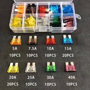 TEMU 자동차 퓨즈 100개 세트 (5A, 7.5A, 10A, 15A, 20A, 25A, 30A, 40A 포함), 및 자동차 전기 회로용 퓨즈 박스 및 플러그형 혼합 퓨즈 특징.