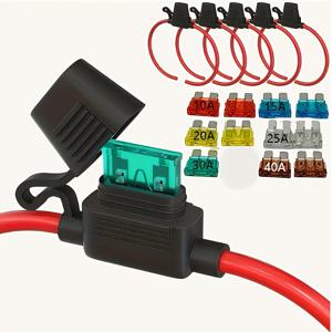 TEMU 12V 시스템용 인라인 퓨즈 홀더 6개 세트, ATC/ATO 블레이드 퓨즈와 호환. 10A, 15A, 20A, 25A, 30A 및 40A 퓨즈가 포함되어 있으며 자동차, 트럭 및 보트에서 사용하기에 적합합니다.
