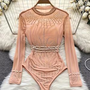 TEMU 여성용 우아한 Y2K 라인스톤 & 펄 장식 메쉬 바디슈트 - 파티, 야외 활동 및 특별 행사용 고탄력 쉬어 라운드넥 점프수트, 여성복, 하이엘라스틱 원단