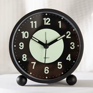 TEMU 4인치 원형 무소음 야광 메탈 알람 시계 1개, 원형 테이블 시계, 틱 소음 없음, 무소음 작동, AA 배터리 1개 전원, 야간 조명, 고화질 유리 거울, 클래식 레트로 디자인, 야광 다이얼