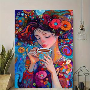 TEMU 1pc 생생한 아트 데코 스타일 캔버스 벽화 - 프레임리스 모던 빈티지 여성 커피 디자인, 고품질 프린트 포스터, 우아한 홈 오피스 & 거실 장식, 주방, 침실, 식당, 거실 장식에 완벽한 커피 테마 장식 | 커피 테마 장식 | 생생한 색상, 캔버스 벽화