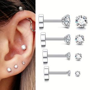 TEMU 여성 및 남성을 위한 4쌍 20G 저자극 플랫 백 귀걸이, 304 316 스테인리스 스틸 스터드 귀걸이 세트 (플랫 백 포함), 관절용, 스크류 백 순수 티타늄 귀걸이 세트 (CZ 포함, 민감한 귀용), 배터리 없음