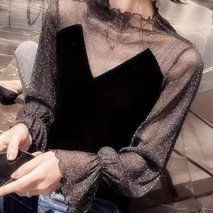 TEMU 여성용 세미 하이넥 레이스 베이스 레이어 셔츠, 신상 가을/겨울 패셔너블 시크 메쉬 탑 블라우스