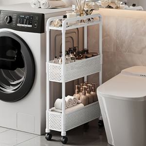 TEMU 공간 절약형 5.12인치 좁은 수납 캐비닛 - 3단 튼튼한 자립형 선반 (바퀴 포함), 무광 블랙 & 화이트 디자인, 욕실, 주방 및 거실에 적합 - 간편한 조립, 30lbs 미만, 수직형 컴팩트 선반 유닛, 선반