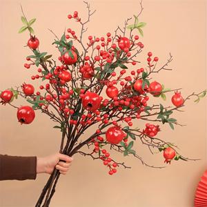 TEMU 대형 인공 석류 가지 5개 세트 - 리얼한 빨간 열매와 꽃이 달린 과일 나무 - 크리스마스, 웨딩, 연회 장식용 - 내구성 있는 수확 장식, 홈 데코, 테이블 센터피스, 연중 사용 가능 - 쉬운 관리