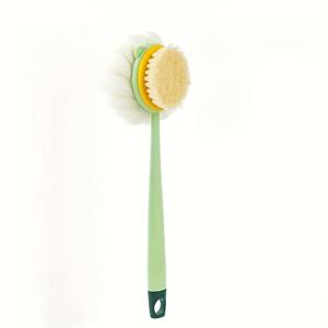 TEMU 2-in-1 긴 손잡이 샤워 바디 브러쉬 (벨벳 & 루파), 편리한 접근 및 각질 제거를 위한 곡선 디자인, 라이트 베이지, 남녀 공용, 핑크 앤 옐로우