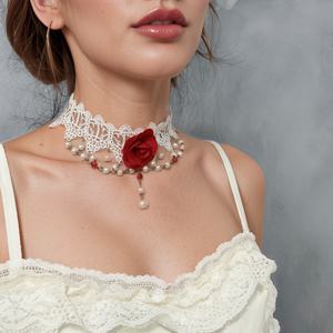 TEMU 우아한 화이트 레이스 장미 초커 목걸이, 빨간 꽃 & 태슬 - 반짝이는 악센트, 결혼식, 파티, 일상 착용에 완벽, 파티 액세서리|우아한 목걸이|레이스 디테일링, 레이스 목걸이, 청소년용, 소녀용 목걸이, 청소년용