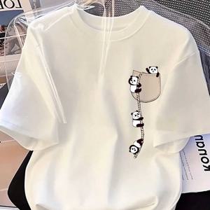 TEMU 여성용 귀여운 판다 프린트 반팔 티셔츠 - 고신축 캐주얼 라운드넥 블라우스 - 편안한 착용감 - 세탁기 사용 가능한 판다 그래픽 탑 - 일상복 & 의류용 - 재고 있음