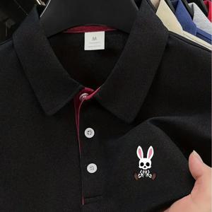 TEMU 남성용 캐주얼 반팔 셔츠, 해골 & 토끼 프린트 - 부드러운 폴리에스터 204gsm, 버튼업 칼라 & 커프스, 디자인