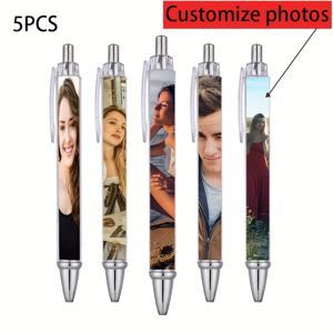 TEMU 개인화 맞춤 사진 볼펜 5개 세트, 부드러운 필기감, 검정 잉크, 리트랙터블 맞춤 이미지 펜, 졸업 시즌, 생일, 기념일 선물, 공부, 사무실, 회의, 메모 작성 및 비즈니스용, 크리스마스 선물에 적합