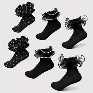 TEMU 다양한 스타일의 여성용 미드 카프 양말 3켤레 세트. 발목에 러플 레이스가 특징이며, 댄스, 파티, , 야외 활동에 적합합니다.