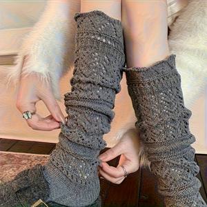 TEMU 1쌍 여성용 한국식 겨울용 따뜻한 홀로우 레그 양말 - 두꺼운 레이어링 미드 캐프 스태킹 양말, 부드럽고 따뜻한 소재로 추운 날씨, 캐주얼 의상 및 한국 패션에 적합
