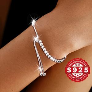 TEMU 우아한 실버 여성용 특별한 라이트 비드 라운드 비드 팔찌, 조절 가능한 팔찌