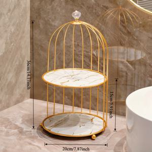 TEMU 1개 주철 화이트 & 골든 새장형 수납 선반 - 프리스탠딩 2단 대리석 느낌 욕실 정리대, 파우더 코팅, 공간절약형 화장대 캐비닛 (메이크업, 화장품용) - 조립 불필요 (실외 사용 가능), 향수 정리대