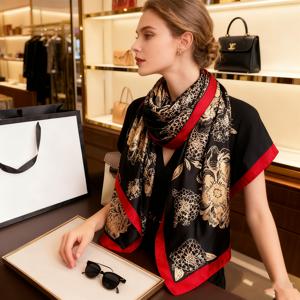 TEMU 여성용 우아한 플로럴 프린트 새틴 스카프 숄 - & 골든 럭셔리 스카프, 통기성 & 방풍, 스타일리시한 헤드웨어를 위한 부드러운 질감, 봄/가을/겨울에 다용도, 캐주얼 & 포멀 의상, 겨울 패션 액세서리 | 세련된 스타일 | 고급스러운