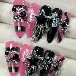 TEMU 10개 손으로 눌러진 아몬드 모양 네일, 여름용 네일아트, 아름다운 인조네일, 별무늬와 줄무늬, 블랙핑크 네일 시퀸, 결혼식과 파티, 휴가 장면을 위한 재사용 가능한 네일 키트 선물|네일재료