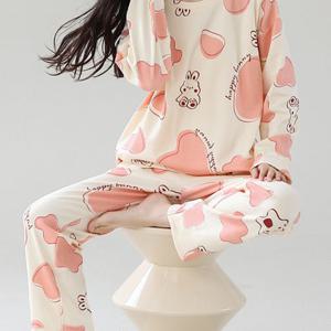 TEMU 여성용 핑크 도트 토끼 동물 패턴 슬로건 프린트 캐주얼 파자마 세트 - 탄성 허리 긴 바지와 라운드넥 긴소매 상의 특징, 세탁기 사용 가능, 완벽한 시즌 수면복, 루즈핏 파자마 | 기발한 패턴 티셔츠 | Fabri