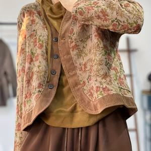 TEMU 코듀로이 패치워크가 있는 빈티지 플로럴 재킷, 여성용 싱글 브레스트 패딩 코트.