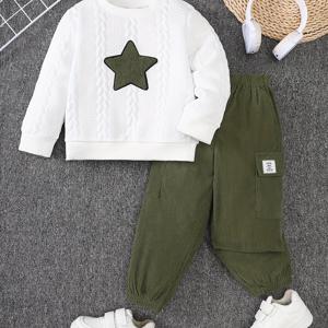 TEMU 2개 세트 남아용 가을/겨울 캐주얼 편안한 퀼트 자카드 패브릭 크루넥 스웨트셔츠 + 타월 다섯 별 패턴 + 코듀로이 롱 라벨 카고 팬츠, 야외 활동에 완벽