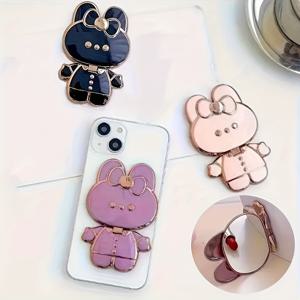 TEMU 3개 세트 접이식 회전식 뒷면 거치형 휴대폰 스탠드, 나비 토끼 소녀 디자인의 만화 메이크업 거울 포함|휴대폰거치대