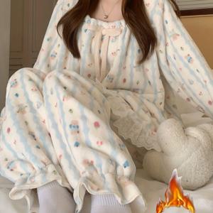 TEMU LLU 여성 플란넬 파자마, 겨울용 긴팔 긴바지, 두꺼운 귀여운 코랄 가을/겨울 홈웨어|잠옷|냉장고바지|옷