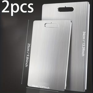 TEMU 2개 세트 고급 티타늄 등급 스테인리스 스틸 과일 및 고기 도마 - 식품 등급 주방용품, 가정 및 캠핑용, 휴대성과 내구성, 쉬운 세척, 음식 준비 표면, 세련된 메탈릭 디자인, 녹 방지, 현대 주방용품,스타일리시한 식품 준비,고품질 소재,전문 셰프|캠핑용품